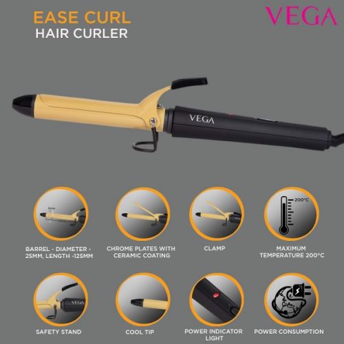 Vega Ease Curl VHCH-02 Hair CurlerManufacturer/Brand warranty applicable. Kindly retain the original Sondaryam invoice copy to avail warranty service.
25mm barrel
Chrome Plates with ceramic coating,Sondaryam Vega Ease Curl VHCH-02 Hair Curler